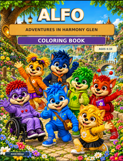 ALFO Adventures in Harmony Glen Coloring Book featuring seven colorful friends